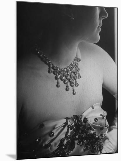 Mrs. Jacques Fath, Wife of Fashion Designer, Wearing Satin Evening Gown and Rhinestone Necklace-Nina Leen-Mounted Premium Photographic Print