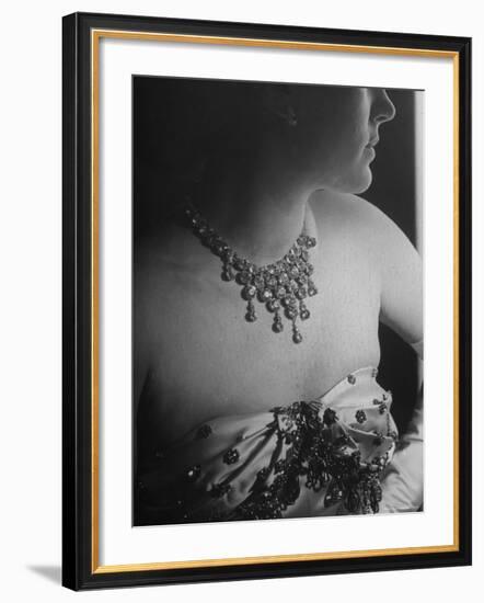 Mrs. Jacques Fath, Wife of Fashion Designer, Wearing Satin Evening Gown and Rhinestone Necklace-Nina Leen-Framed Premium Photographic Print