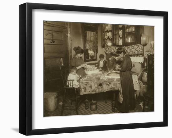 Mrs. Mette and Her Children Making Flowers in a Dirty New York Tenement, 1911-Lewis Wickes Hine-Framed Photographic Print