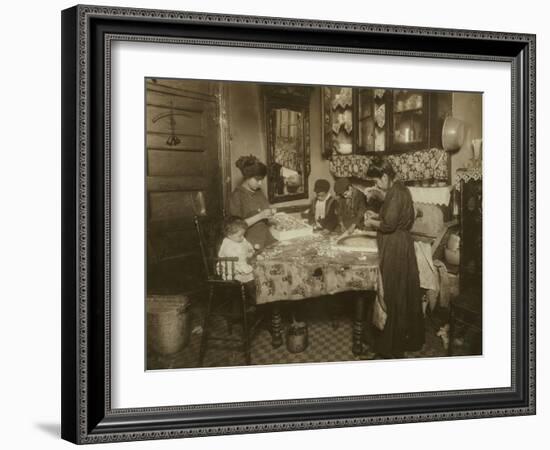 Mrs. Mette and Her Children Making Flowers in a Dirty New York Tenement, 1911-Lewis Wickes Hine-Framed Photographic Print