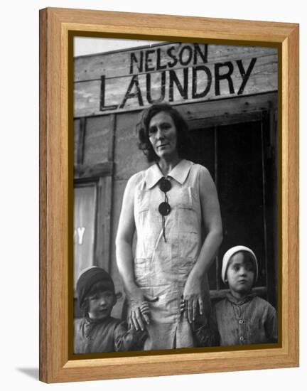 Mrs. Nelson with Her Two Children Outside Her Laundry Which She Operates without Running Water-Margaret Bourke-White-Framed Premier Image Canvas