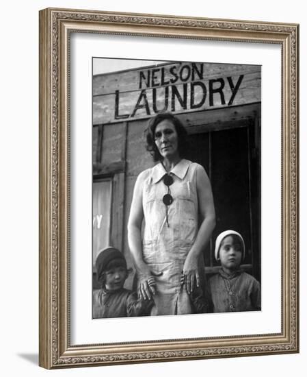 Mrs. Nelson with Her Two Children Outside Her Laundry Which She Operates without Running Water-Margaret Bourke-White-Framed Photographic Print