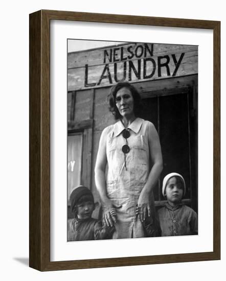 Mrs. Nelson with Her Two Children Outside Her Laundry Which She Operates without Running Water-Margaret Bourke-White-Framed Photographic Print