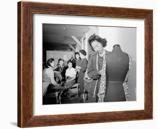 Mrs. Ryie Yoshizawa teaching a dressmaking class to women students at Manzanar, 1943-Ansel Adams-Framed Photographic Print