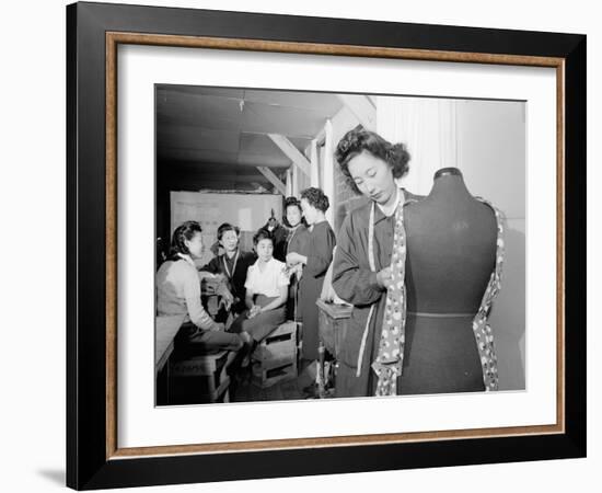 Mrs. Ryie Yoshizawa teaching a dressmaking class to women students at Manzanar, 1943-Ansel Adams-Framed Photographic Print