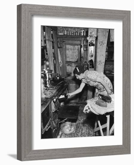 Mrs. Yandle Cooking on Coal Stove, Yacolt Mt, Future Recipients of Electricity from Bonneville Dam-Alfred Eisenstaedt-Framed Photographic Print