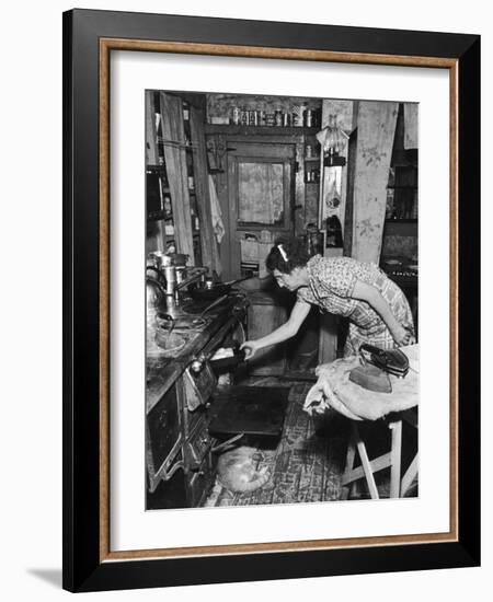 Mrs. Yandle Cooking on Coal Stove, Yacolt Mt, Future Recipients of Electricity from Bonneville Dam-Alfred Eisenstaedt-Framed Photographic Print