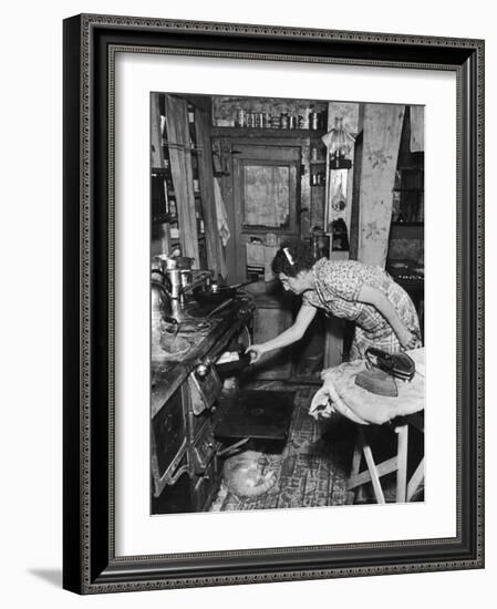 Mrs. Yandle Cooking on Coal Stove, Yacolt Mt, Future Recipients of Electricity from Bonneville Dam-Alfred Eisenstaedt-Framed Photographic Print