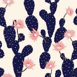 Navy Blue Hand Drawn Cactus Tropical Garden Seamless Pattern. in Light Pink Background.-MSNTY-Mounted Art Print