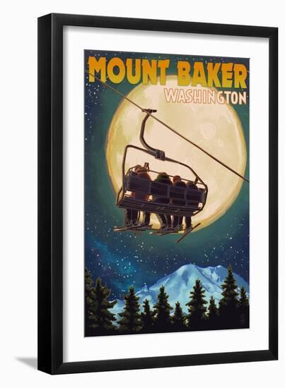 Mt. Baker, Washington - Ski Lift and Full Moon-Lantern Press-Framed Art Print