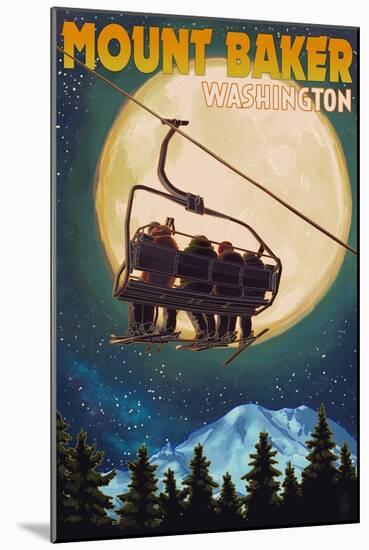 Mt. Baker, Washington - Ski Lift and Full Moon-Lantern Press-Mounted Art Print