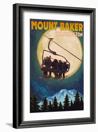 Mt. Baker, Washington - Ski Lift and Full Moon-Lantern Press-Framed Art Print