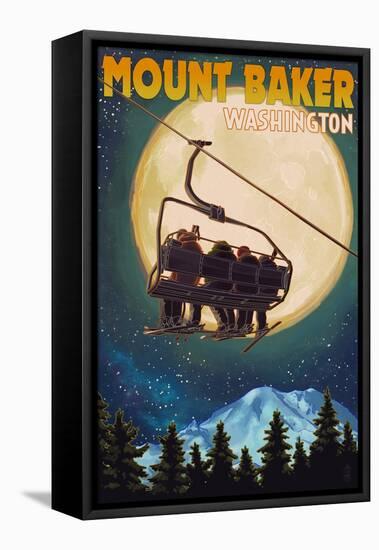 Mt. Baker, Washington - Ski Lift and Full Moon-Lantern Press-Framed Stretched Canvas
