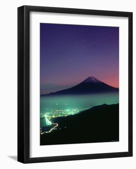 Mt. Fuji and City Lights, Viewed from Mitsu Tohge, Yamanashi, Japan--Framed Photographic Print