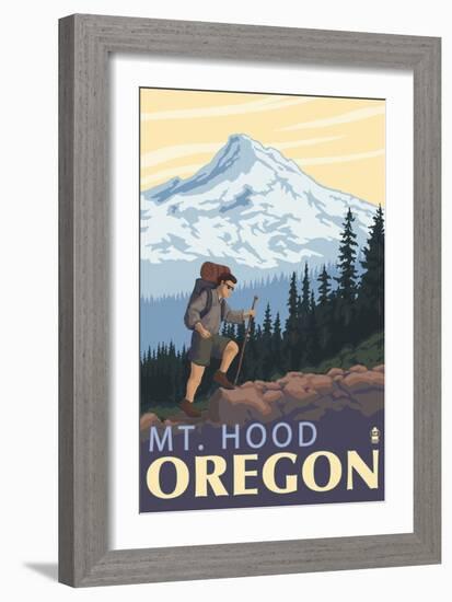 Mt. Hood Hiker Scene Poster-Lantern Press-Framed Art Print