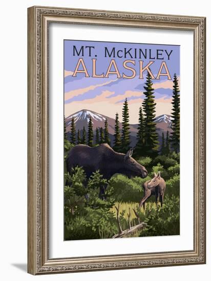 Mt. McKinley, Alaska - Moose and Calf-Lantern Press-Framed Art Print