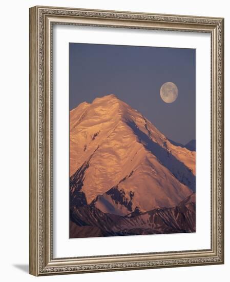 Mt. McKinley and Full Moon, Denali National Park, Alaska, USA-Hugh Rose-Framed Photographic Print