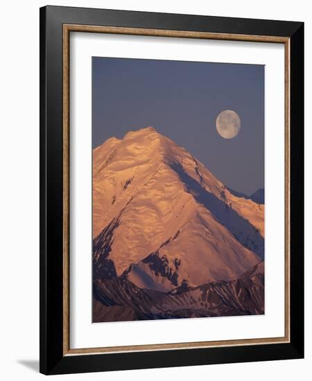 Mt. McKinley and Full Moon, Denali National Park, Alaska, USA-Hugh Rose-Framed Photographic Print