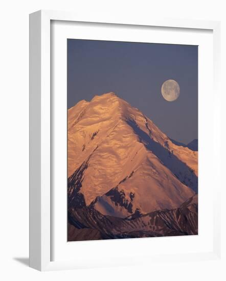 Mt. McKinley and Full Moon, Denali National Park, Alaska, USA-Hugh Rose-Framed Photographic Print