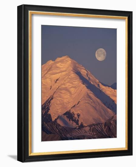 Mt. McKinley and Full Moon, Denali National Park, Alaska, USA-Hugh Rose-Framed Photographic Print