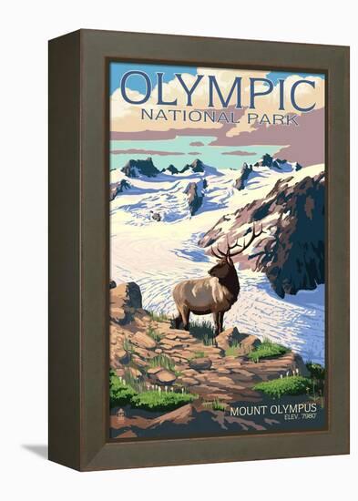 Mt. Olympus and Elk - Olympic National Park, Washington-Lantern Press-Framed Stretched Canvas