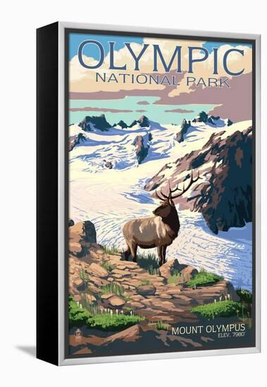 Mt. Olympus and Elk - Olympic National Park, Washington-Lantern Press-Framed Stretched Canvas