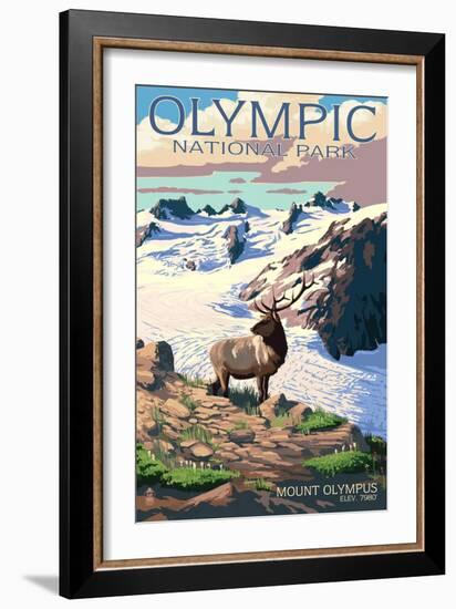 Mt. Olympus and Elk - Olympic National Park, Washington-Lantern Press-Framed Art Print