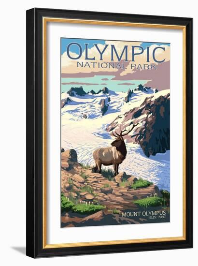 Mt. Olympus and Elk - Olympic National Park, Washington-Lantern Press-Framed Art Print