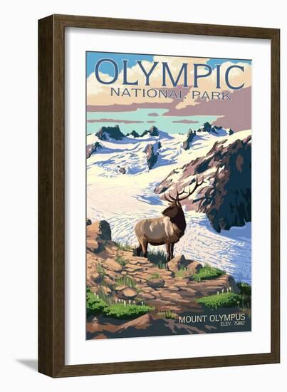 Mt. Olympus and Elk - Olympic National Park, Washington-Lantern Press-Framed Premium Giclee Print