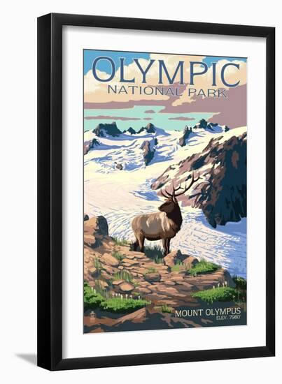 Mt. Olympus and Elk - Olympic National Park, Washington-Lantern Press-Framed Premium Giclee Print