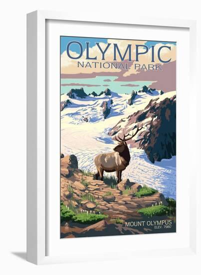 Mt. Olympus and Elk - Olympic National Park, Washington-Lantern Press-Framed Premium Giclee Print