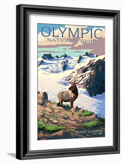 Mt. Olympus and Elk - Olympic National Park, Washington-Lantern Press-Framed Premium Giclee Print