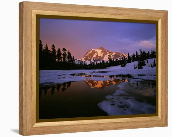 Mt. Shuksan Reflecting into a Partial Ice Covered Picture Lake at Sunset-null-Framed Premier Image Canvas