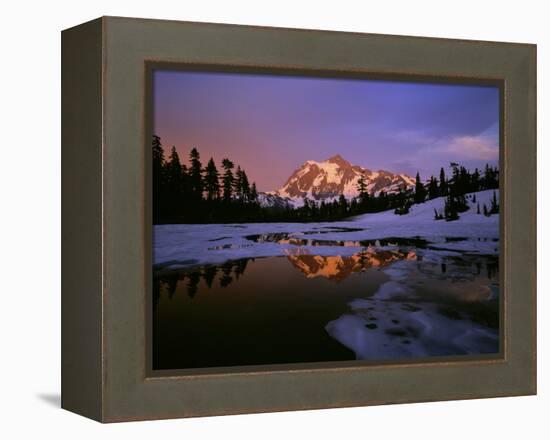 Mt. Shuksan Reflecting into a Partial Ice Covered Picture Lake at Sunset-null-Framed Premier Image Canvas