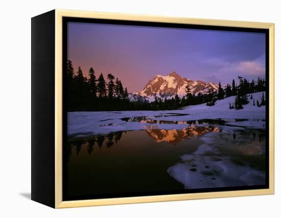 Mt. Shuksan Reflecting into a Partial Ice Covered Picture Lake at Sunset-null-Framed Premier Image Canvas