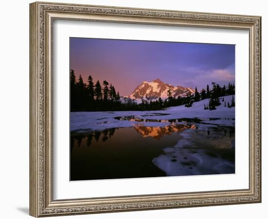 Mt. Shuksan Reflecting into a Partial Ice Covered Picture Lake at Sunset-null-Framed Photographic Print