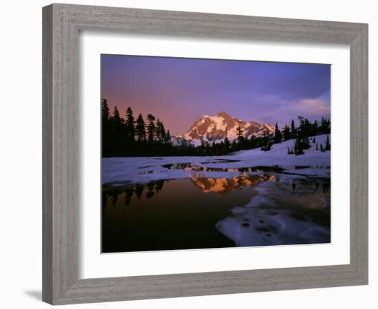 Mt. Shuksan Reflecting into a Partial Ice Covered Picture Lake at Sunset-null-Framed Photographic Print