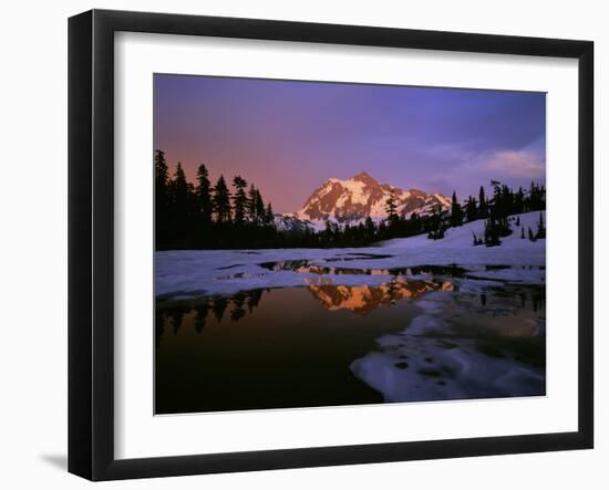 Mt. Shuksan Reflecting into a Partial Ice Covered Picture Lake at Sunset-null-Framed Photographic Print