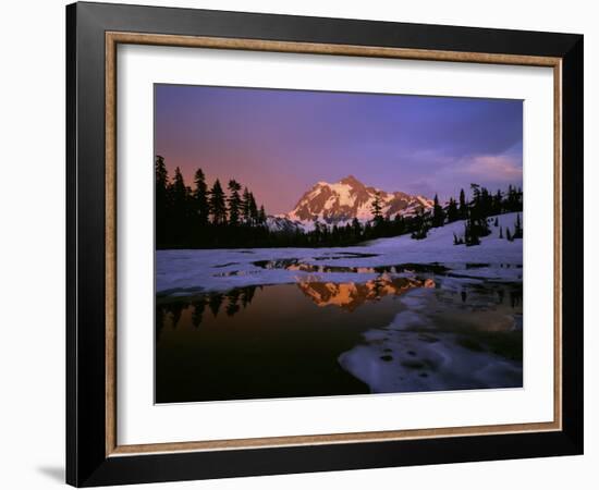 Mt. Shuksan Reflecting into a Partial Ice Covered Picture Lake at Sunset-null-Framed Photographic Print