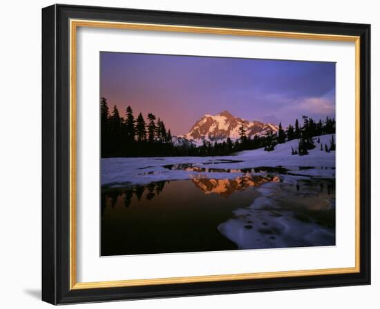 Mt. Shuksan Reflecting into a Partial Ice Covered Picture Lake at Sunset-null-Framed Photographic Print