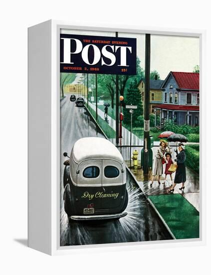 "Muddied by Dry Cleaning Truck," Saturday Evening Post Cover, October 2, 1948-Stevan Dohanos-Framed Premier Image Canvas