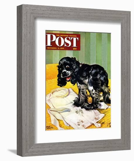 "Muddy Paw Prints," Saturday Evening Post Cover, December 6, 1947-Albert Staehle-Framed Giclee Print