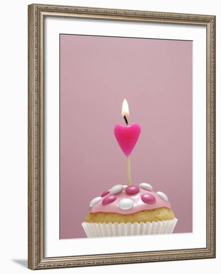 Muffin, Icing, Pink, Chocolate Beans, Candle, Heart Form, Burn, Detail-Nikky-Framed Photographic Print