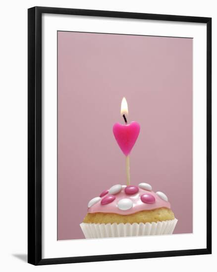 Muffin, Icing, Pink, Chocolate Beans, Candle, Heart Form, Burn, Detail-Nikky-Framed Photographic Print