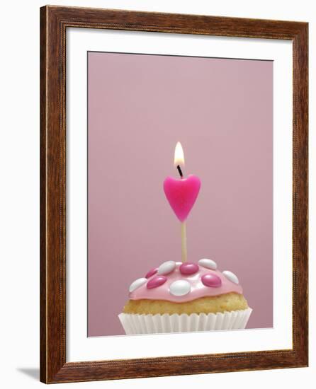 Muffin, Icing, Pink, Chocolate Beans, Candle, Heart Form, Burn, Detail-Nikky-Framed Photographic Print