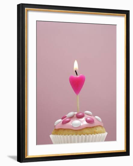 Muffin, Icing, Pink, Chocolate Beans, Candle, Heart Form, Burn, Detail-Nikky-Framed Photographic Print