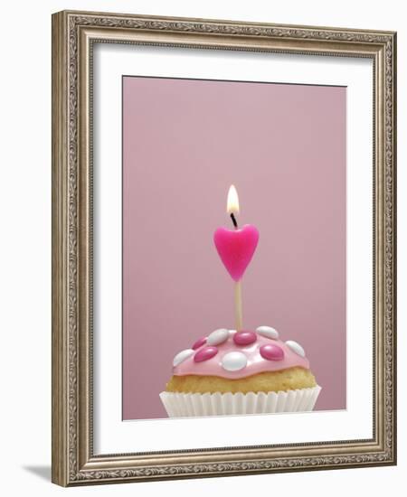 Muffin, Icing, Pink, Chocolate Beans, Candle, Heart Form, Burn, Detail-Nikky-Framed Photographic Print