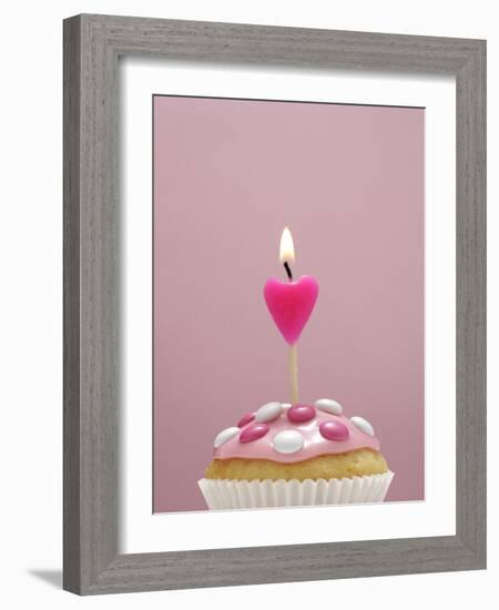 Muffin, Icing, Pink, Chocolate Beans, Candle, Heart Form, Burn, Detail-Nikky-Framed Photographic Print