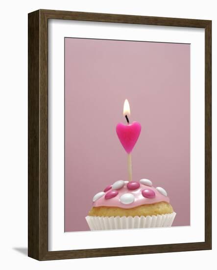 Muffin, Icing, Pink, Chocolate Beans, Candle, Heart Form, Burn, Detail-Nikky-Framed Photographic Print