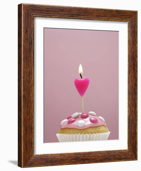 Muffin, Icing, Pink, Chocolate Beans, Candle, Heart Form, Burn, Detail-Nikky-Framed Photographic Print